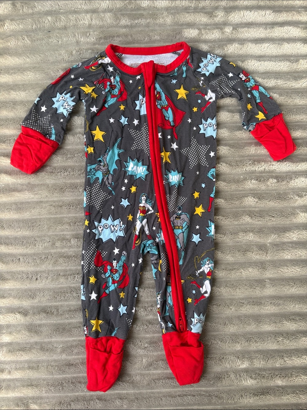 Little Sleepies Gray Superhero Footed One-Piece with Red Trim